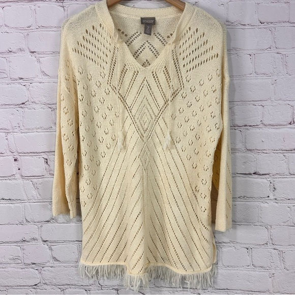 Chicos sweater shirt cover up top knitwear fringe western boho creamy stretch - Picture 1 of 11